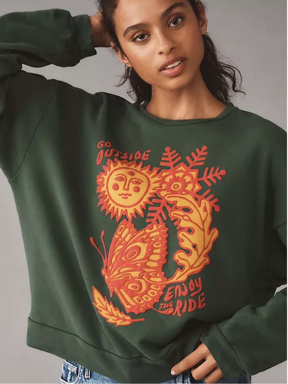 MOTHER The Drop Square Crewneck  Women’s Large Green Graphic Sweatshirt - Picture 2 of 9